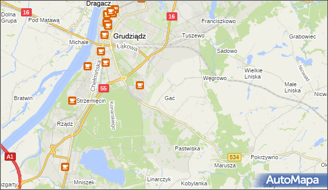 mapa Gać gmina Grudziądz, Gać gmina Grudziądz na mapie Targeo