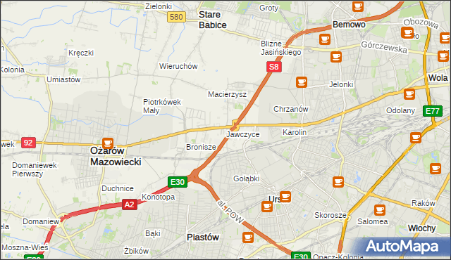 mapa Jawczyce gmina Ożarów Mazowiecki, Jawczyce gmina Ożarów Mazowiecki na mapie Targeo