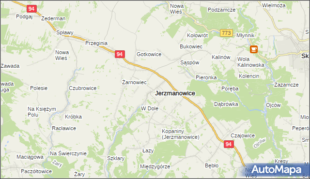 mapa Jerzmanowice gmina Jerzmanowice-Przeginia, Jerzmanowice gmina Jerzmanowice-Przeginia na mapie Targeo