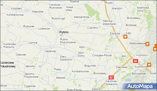 mapa Józin gmina Rybno, Józin gmina Rybno na mapie Targeo