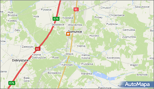 mapa Kletnia gmina Gomunice, Kletnia gmina Gomunice na mapie Targeo