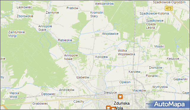 mapa Korczew gmina Zduńska Wola, Korczew gmina Zduńska Wola na mapie Targeo