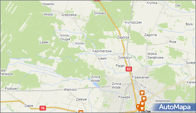 mapa Ławki gmina Łuków, Ławki gmina Łuków na mapie Targeo