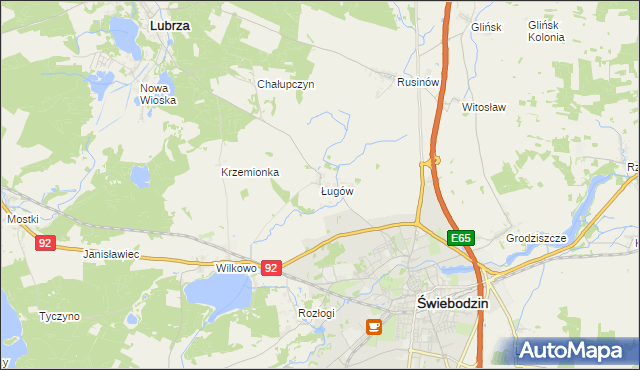 mapa Ługów gmina Świebodzin, Ługów gmina Świebodzin na mapie Targeo