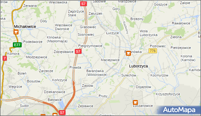 mapa Maciejowice gmina Kocmyrzów-Luborzyca, Maciejowice gmina Kocmyrzów-Luborzyca na mapie Targeo