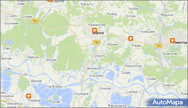 mapa Olszyny gmina Babice, Olszyny gmina Babice na mapie Targeo