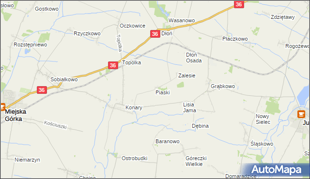 mapa Piaski gmina Miejska Górka, Piaski gmina Miejska Górka na mapie Targeo