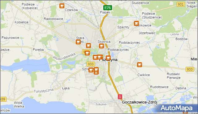 mapa Pszczyny, Pszczyna na mapie Targeo