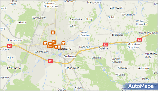 mapa Różanna gmina Opoczno, Różanna gmina Opoczno na mapie Targeo