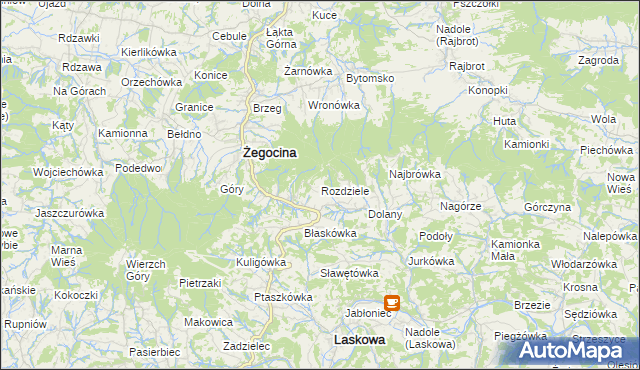 mapa Rozdziele gmina Żegocina, Rozdziele gmina Żegocina na mapie Targeo