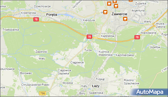 mapa Turza gmina Łazy, Turza gmina Łazy na mapie Targeo