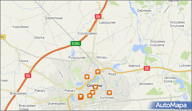 mapa Winiary gmina Gniezno, Winiary gmina Gniezno na mapie Targeo