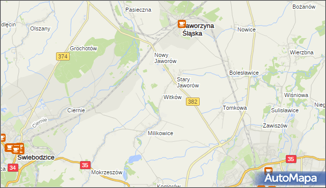 mapa Witków gmina Jaworzyna Śląska, Witków gmina Jaworzyna Śląska na mapie Targeo