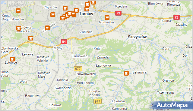mapa Zawada gmina Tarnów, Zawada gmina Tarnów na mapie Targeo