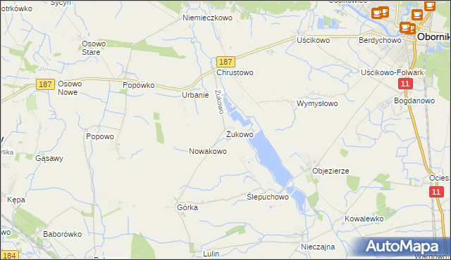mapa Żukowo gmina Oborniki, Żukowo gmina Oborniki na mapie Targeo