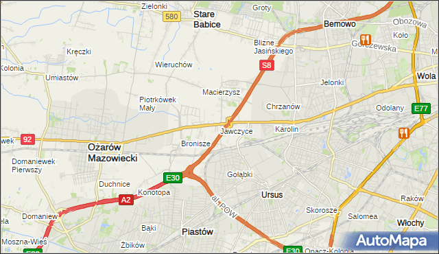 mapa Jawczyce gmina Ożarów Mazowiecki, Jawczyce gmina Ożarów Mazowiecki na mapie Targeo