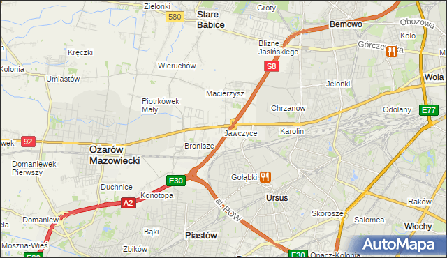 mapa Jawczyce gmina Ożarów Mazowiecki, Jawczyce gmina Ożarów Mazowiecki na mapie Targeo