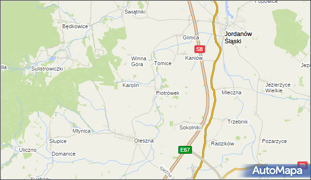 mapa Piotrówek gmina Jordanów Śląski, Piotrówek gmina Jordanów Śląski na mapie Targeo