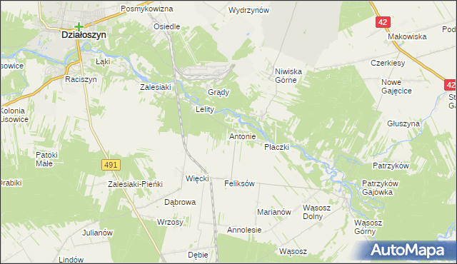 mapa Antonie gmina Popów, Antonie gmina Popów na mapie Targeo