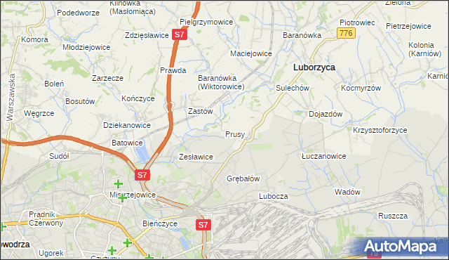 mapa Prusy gmina Kocmyrzów-Luborzyca, Prusy gmina Kocmyrzów-Luborzyca na mapie Targeo
