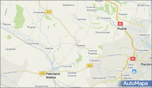 mapa Pawłów gmina Pietrowice Wielkie, Pawłów gmina Pietrowice Wielkie na mapie Targeo