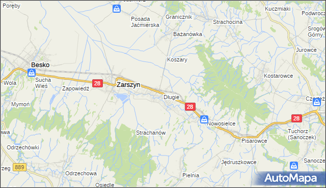 mapa Długie gmina Zarszyn, Długie gmina Zarszyn na mapie Targeo