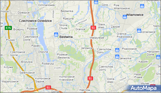 mapa Janowice gmina Bestwina, Janowice gmina Bestwina na mapie Targeo