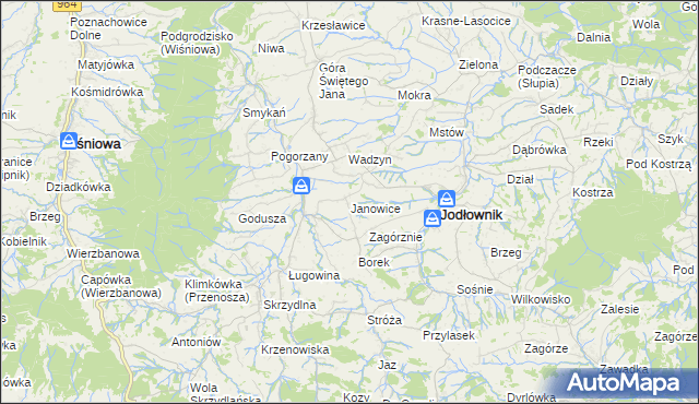 mapa Janowice gmina Jodłownik, Janowice gmina Jodłownik na mapie Targeo