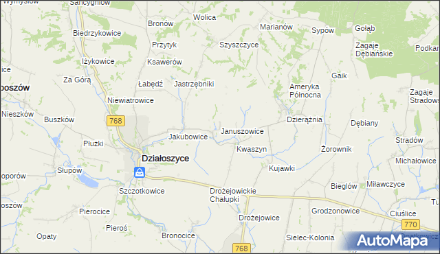 mapa Januszowice gmina Działoszyce, Januszowice gmina Działoszyce na mapie Targeo