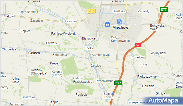 mapa Kamieńczyce gmina Miechów, Kamieńczyce gmina Miechów na mapie Targeo
