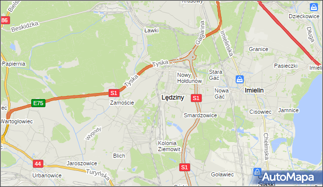 mapa Lędziny powiat bieruńsko-lędziński, Lędziny powiat bieruńsko-lędziński na mapie Targeo