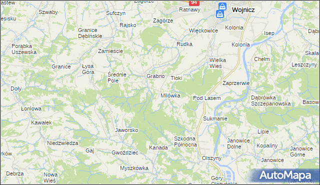 mapa Milówka gmina Wojnicz, Milówka gmina Wojnicz na mapie Targeo