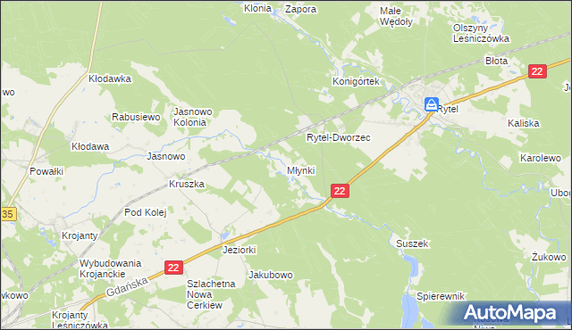 mapa Młynki gmina Czersk, Młynki gmina Czersk na mapie Targeo