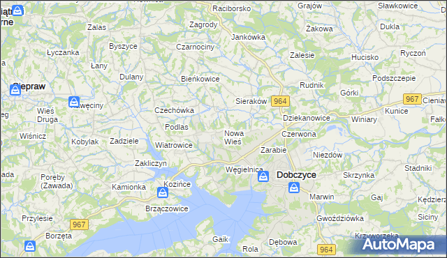 mapa Nowa Wieś gmina Dobczyce, Nowa Wieś gmina Dobczyce na mapie Targeo
