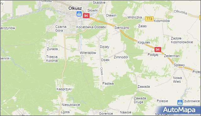 mapa Osiek gmina Olkusz, Osiek gmina Olkusz na mapie Targeo