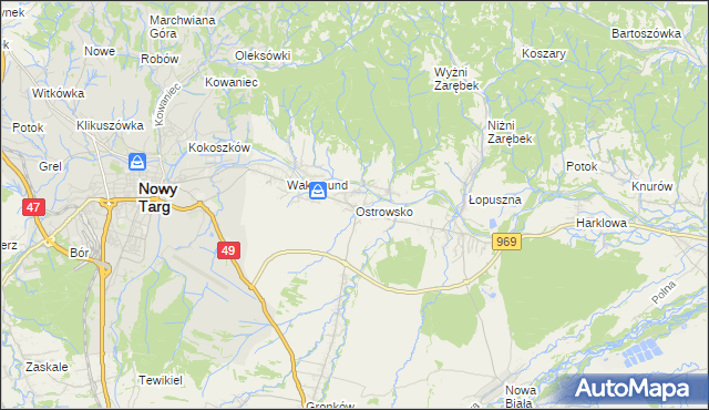 mapa Ostrowsko gmina Nowy Targ, Ostrowsko gmina Nowy Targ na mapie Targeo