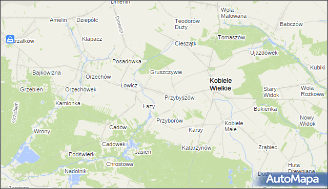 mapa Przybyszów gmina Kobiele Wielkie, Przybyszów gmina Kobiele Wielkie na mapie Targeo