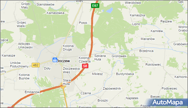 mapa Szklana Huta gmina Złoczew, Szklana Huta gmina Złoczew na mapie Targeo