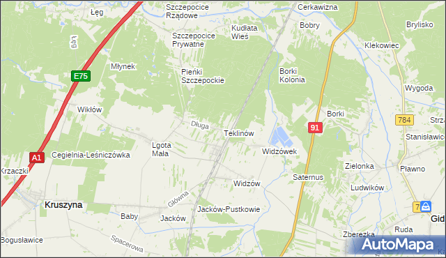 mapa Teklinów gmina Kruszyna, Teklinów gmina Kruszyna na mapie Targeo