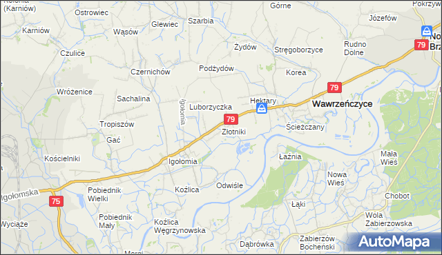 mapa Złotniki gmina Igołomia-Wawrzeńczyce, Złotniki gmina Igołomia-Wawrzeńczyce na mapie Targeo