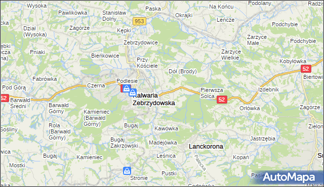mapa Brody gmina Kalwaria Zebrzydowska, Brody gmina Kalwaria Zebrzydowska na mapie Targeo