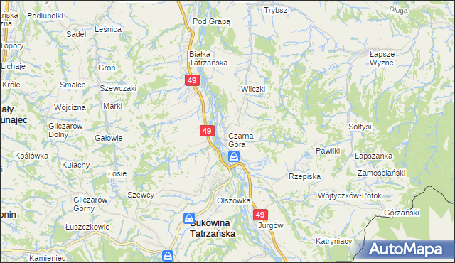 mapa Czarna Góra gmina Bukowina Tatrzańska, Czarna Góra gmina Bukowina Tatrzańska na mapie Targeo