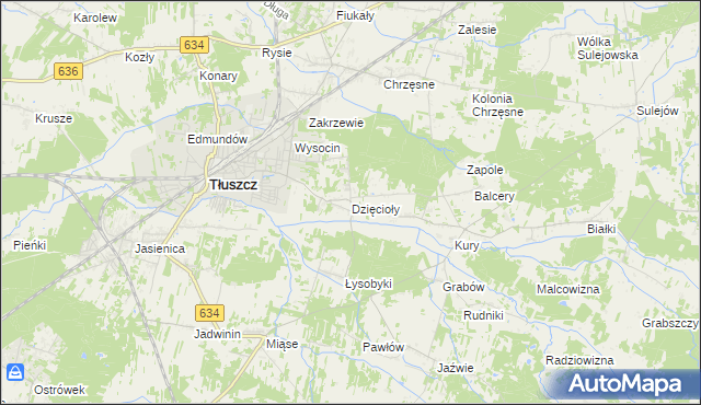 mapa Dzięcioły gmina Tłuszcz, Dzięcioły gmina Tłuszcz na mapie Targeo