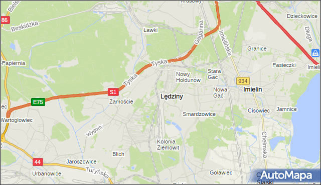 mapa Lędziny powiat bieruńsko-lędziński, Lędziny powiat bieruńsko-lędziński na mapie Targeo