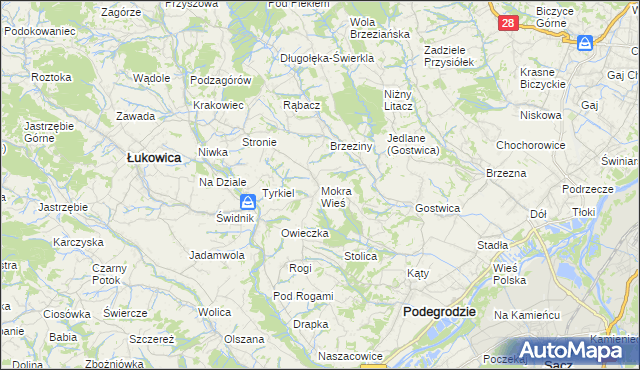 mapa Mokra Wieś gmina Podegrodzie, Mokra Wieś gmina Podegrodzie na mapie Targeo