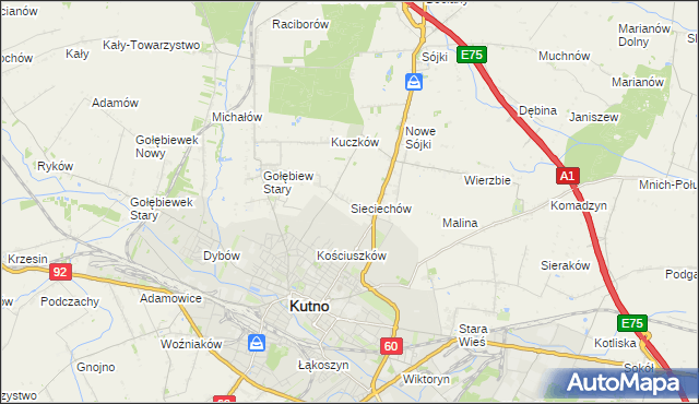 mapa Sieciechów gmina Kutno, Sieciechów gmina Kutno na mapie Targeo