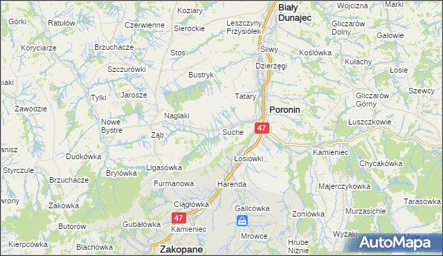mapa Suche gmina Poronin, Suche gmina Poronin na mapie Targeo