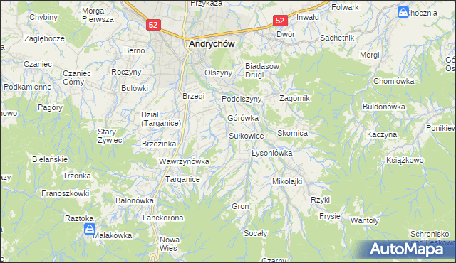 mapa Sułkowice gmina Andrychów, Sułkowice gmina Andrychów na mapie Targeo