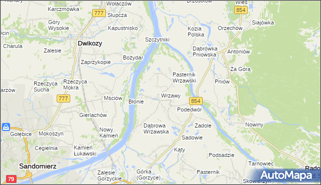 mapa Wrzawy gmina Gorzyce, Wrzawy gmina Gorzyce na mapie Targeo