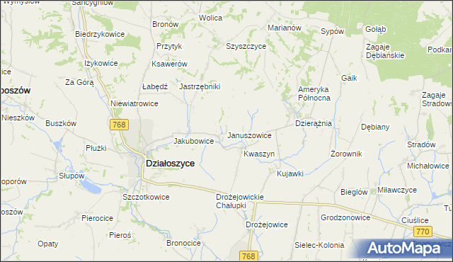 mapa Januszowice gmina Działoszyce, Januszowice gmina Działoszyce na mapie Targeo